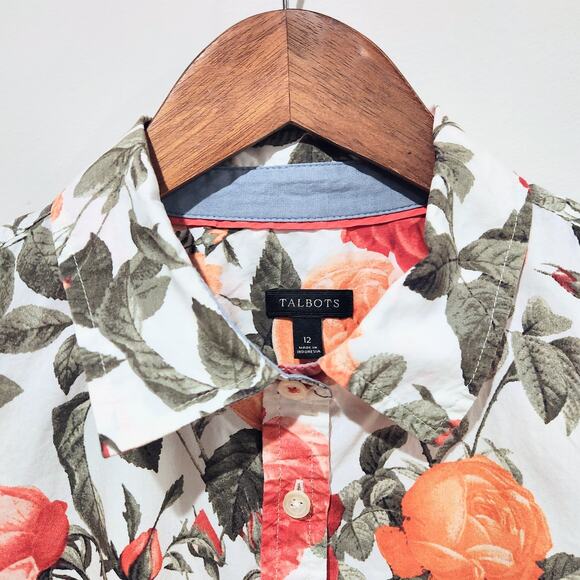 Talbots Womens White Floral Button Up Roll Tab Sleeve Blouse Size 12 Business - Picture 2 of 9